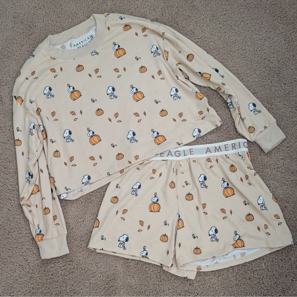 American Eagle Outfitters Pajamas Set - Tan with Pumpkin and Snoopy Print - Picture 1 of 1